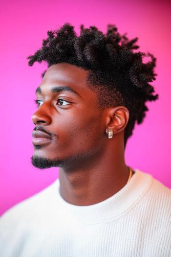 A black man with a hairstyle featuring a high top fade with natural curls.