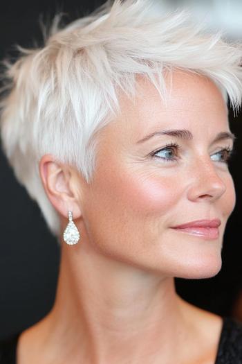 A woman with a fashionable, short, layered pixie cut hairstyle featuring white hair and side-swept bangs.