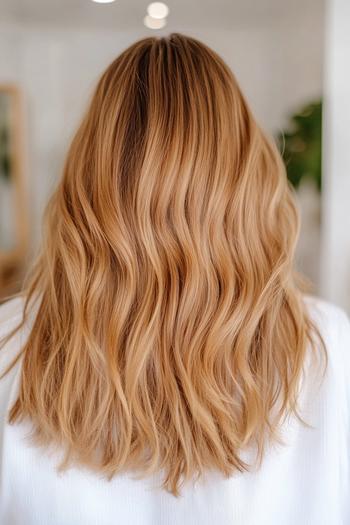 A person with golden brown wavy hair styled in loose, soft waves, seen from the back.