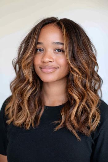 A woman with wavy black hair accented by brown highlights, styled in loose, natural curls.