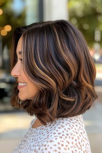 A woman with black hair styled in loose waves, featuring brown highlights that add dimension and vibrancy to her look.