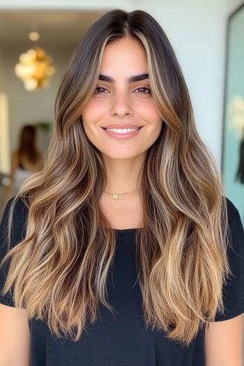 A woman with long, wavy hair featuring caramel balayage highlights, seamlessly blending light and dark brown tones.