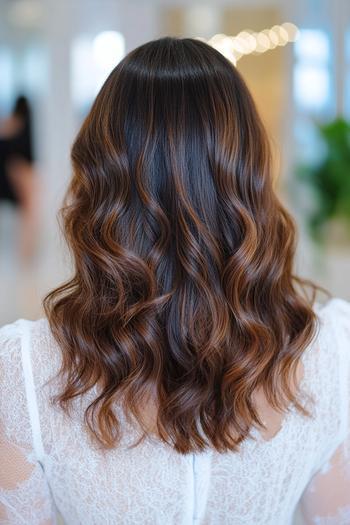 A woman with wavy black hair adorned with brown highlights, styled in loose waves.