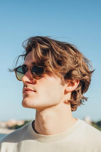 A young man with medium-length, wavy hair, styled in a tousled and voluminous manner, is wearing sunglasses against a clear blue sky.