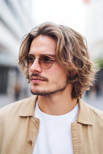 A man with wavy, medium-length hair parted in the middle, wearing glasses and a casual outfit, standing outdoors.