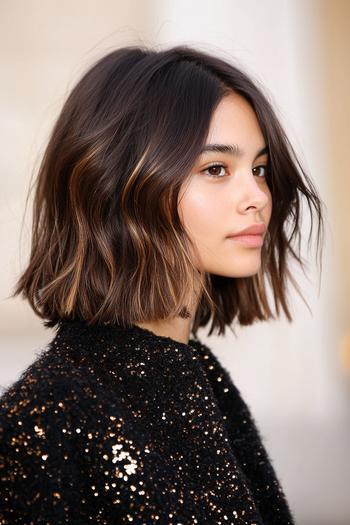 A woman with wavy black hair featuring brown highlights and a chin-length bob haircut.