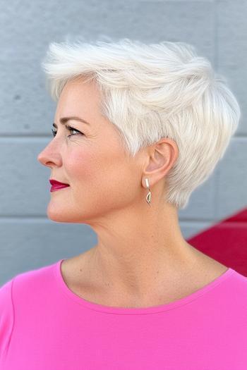 A woman with short, layered, white hair styled in a wash-and-wear pixie cut, wearing a bright pink top and silver earrings.