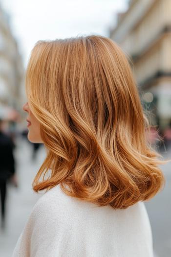 A woman with golden brown, shoulder-length, wavy hair stands outdoors in an urban setting.