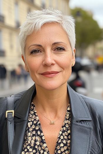 A woman with a chic, short pixie cut hairstyle, featuring soft, tousled layers and a side-swept fringe.