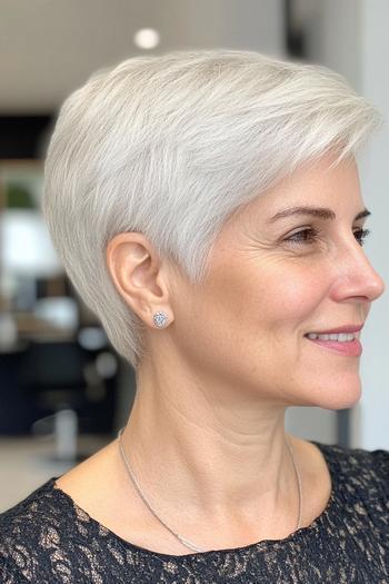 A woman with short, white hair styled in a neat and simple pixie cut.