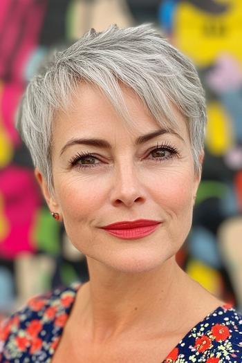 A woman with short, layered, silver hair styled in a pixie cut.