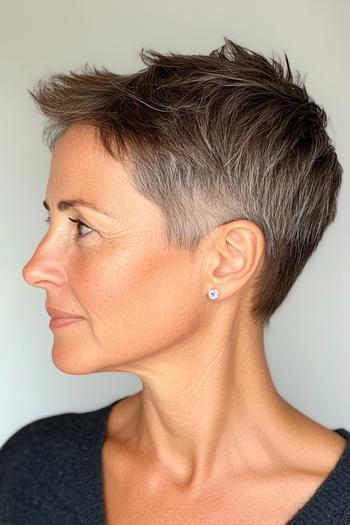 A woman with a grey, pixie haircut featuring short, textured layers and a tapered nape.