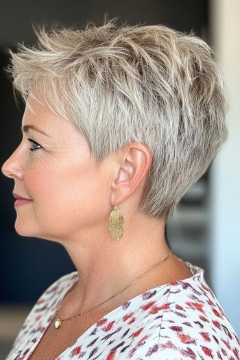 A woman with short, layered ash-blonde hair styled in a textured pixie cut.