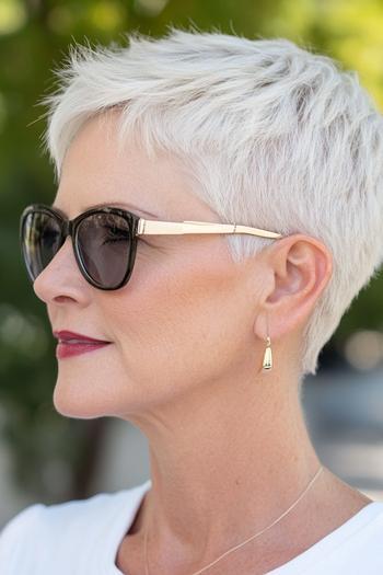 A woman with a short, textured pixie cut, wearing sunglasses and gold drop earrings.