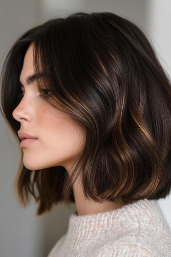 A woman with shoulder-length black hair styled in loose waves, featuring subtle brown highlights, viewed from the side.