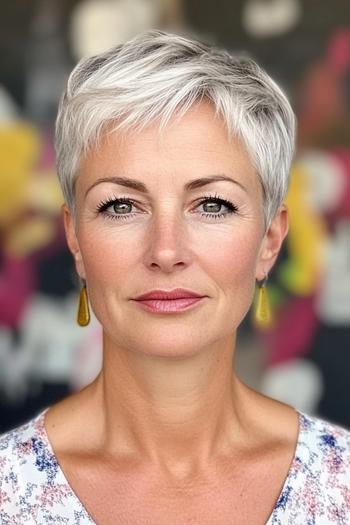 A woman with a stylish short silver pixie haircut, featuring soft layers and subtle texture.