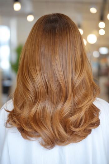 A medium-length hairstyle featuring soft, loose waves in golden brown hair, creating a smooth, shiny appearance.