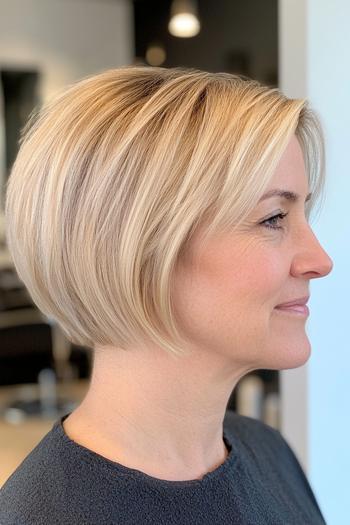 A short, layered bob with side-swept bangs, featuring blonde highlights for a stylish, low-maintenance look.