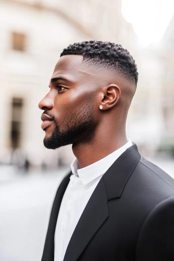 A man with a low fade haircut and short, textured curls, dressed in a suit.