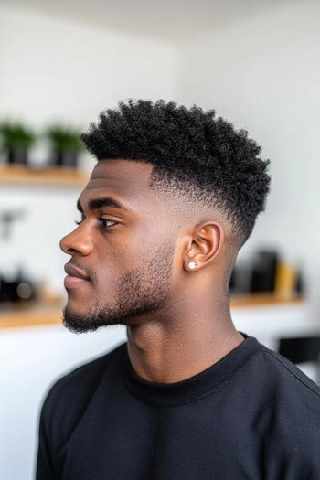 Side profile of a Black man with a high fade haircut featuring a short, curly top and a neatly groomed beard.