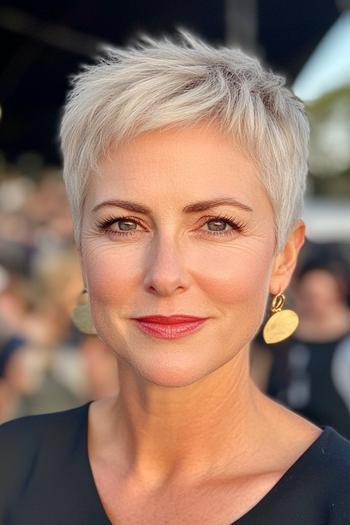 A stylish short pixie haircut for women with silver hair, featuring textured layers and a chic side-swept fringe.