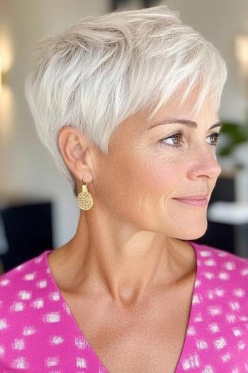 A woman with a pixie cut featuring side-swept bangs and white hair.