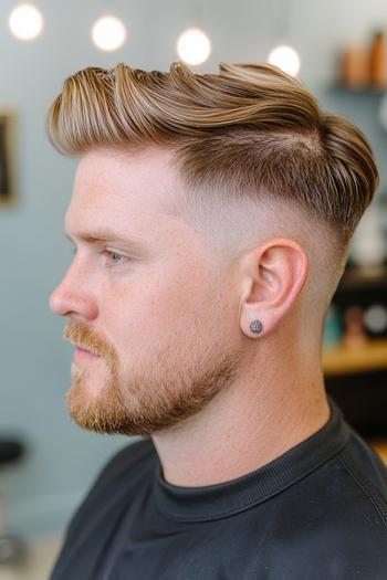 A side profile of a man with medium-length hair that is styled in a voluminous, slicked-back top with a clean, faded undercut.