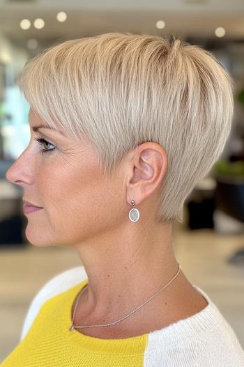 A close-up profile view of a woman with a short, platinum blonde pixie cut, styled to wash and wear for easy maintenance.