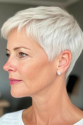 A woman with short, silver pixie cut hair styled with subtle side-swept bangs.