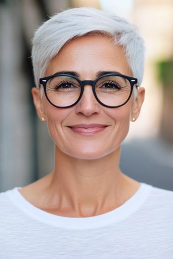 A woman with short, white, pixie-style hair wearing black-framed glasses and a white top.