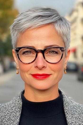 A woman with a stylish short gray pixie haircut, wearing glasses and red lipstick.