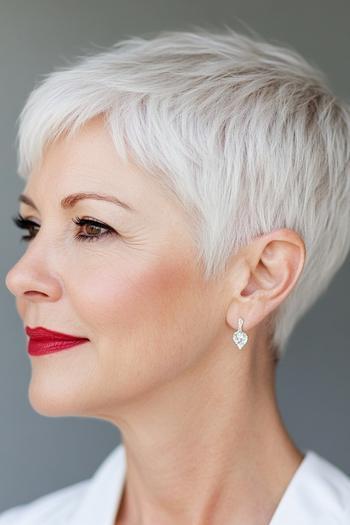 A short, chic, low-maintenance pixie cut with texturized layers, ideal for women over 60.