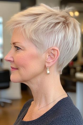 A side view of a woman with a short, platinum blonde pixie cut, featuring a slightly longer top and neatly tapered sides.