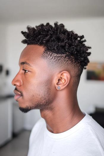 A man with a high fade hairstyle featuring short sides and longer, textured, curly hair on top.