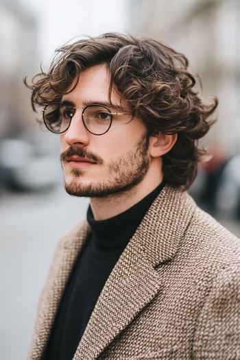 A man with medium-length, wavy hair, wearing glasses and a beard, dressed in a brown textured coat over a black turtleneck sweater.