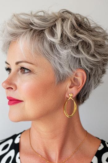 A stylish woman over 60 with a short, textured, and tousled pixie cut, accentuated by her gray hair and gold earrings.