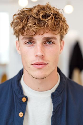 A young man with a medium-length, curly hairstyle and a slight fringe, wearing a casual outfit.