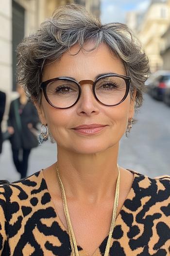 A stylish short haircut with soft curls and gray highlights, complemented by trendy glasses and a leopard print top.