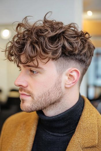 A man with a stylish medium-length haircut featuring curly, voluminous top hair and short, tapered sides.