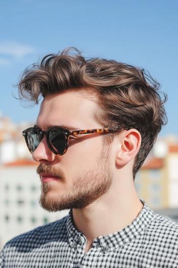 A well-groomed man with medium-length wavy hair styled in a voluminous, tousled look, complemented by sunglasses and a beard.