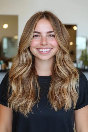 A woman with long, golden brown hair styled in loose, beachy waves.