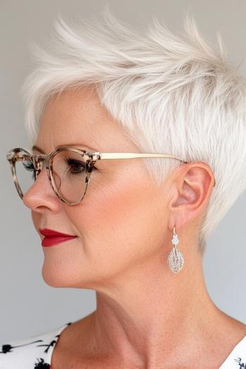 A short, textured pixie cut with neatly styled layers, complemented by white hair and fashionable glasses.