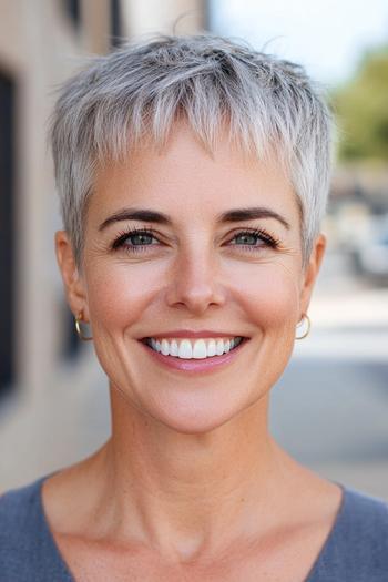 A woman with a short, textured pixie haircut featuring a mix of gray and natural hair tones.