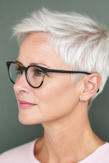 A woman with short, white, textured hair and glasses, styled in a pixie cut.