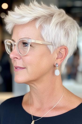 A woman with short, textured, silver hair styled in a chic, low-maintenance pixie cut, wearing glasses and earrings.