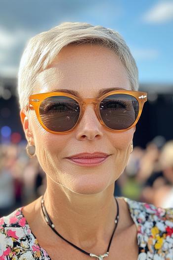 A woman with short, neatly cropped, grey hair wearing orange sunglasses and a floral blouse.