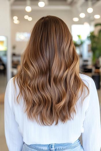 A woman with long, wavy hair styled in a caramel balayage, showcasing subtle transitions from darker roots to lighter caramel ends.