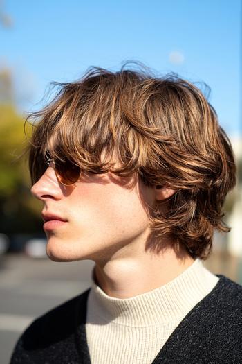 A man with medium-length, tousled, layered hair wearing sunglasses and a high-neck sweater.