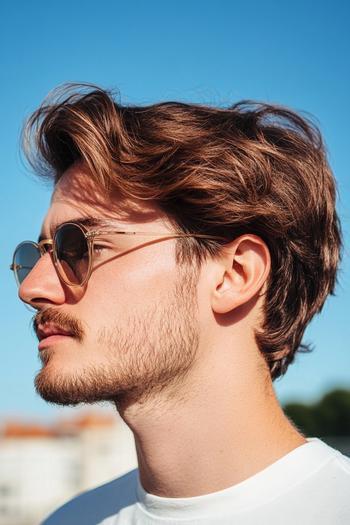 Side profile of a man with medium-length, wavy hair styled in a relaxed, tousled look, wearing sunglasses.