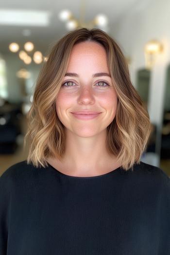 A woman with golden brown, shoulder-length hair styled in loose waves smiles at the camera.